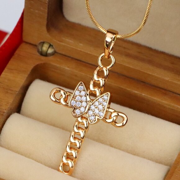 "Butterfly Cross Rose Gold Pendant with Chain Detail, XPPT1566 - Picture 1 of 13